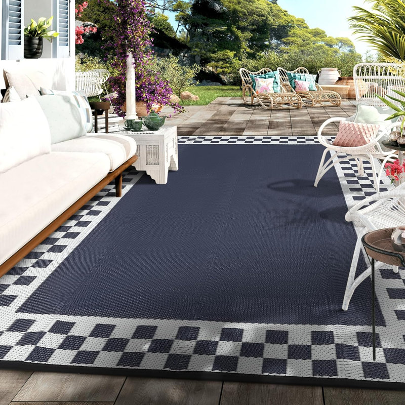 Waterproof Reversible Outdoor Rug 8x10ft – Plastic Straw Patio Carpet, Modern Geometric, Collapsible with Carry Bag, Easy Clean, UV Resistant, Portable for Backyard, Deck, Camping, Balcony, USA