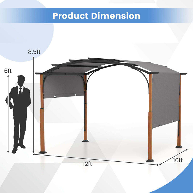 Costway 10 X 12 Ft Outdoor Retractable Pergola With Retractable Canopy Looking Posts, Gray