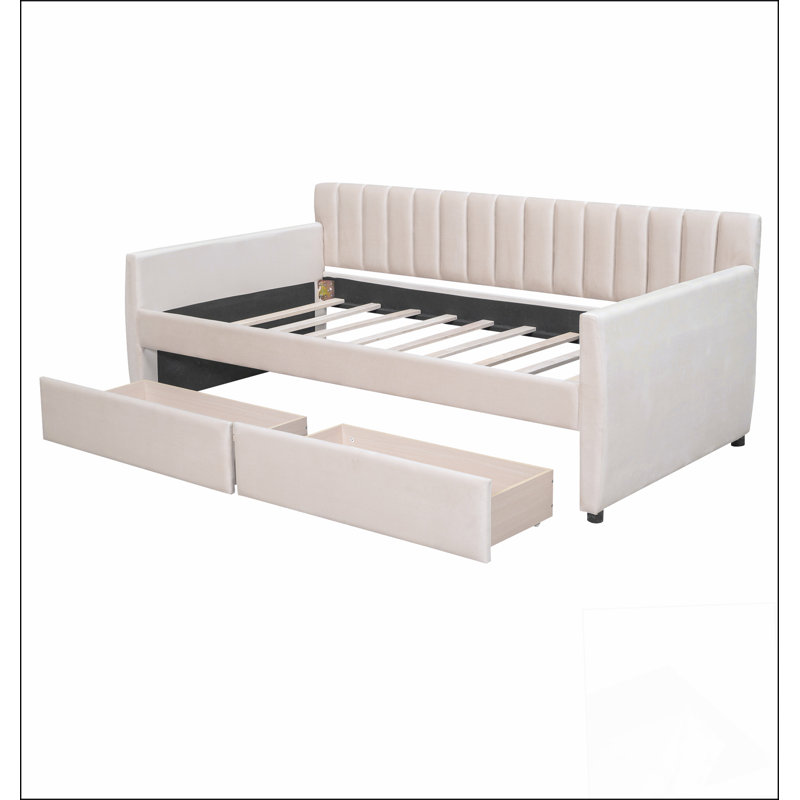 Lit de jour rembourré avec tiroirs, support en lattes de bois, Beige, Métal métal