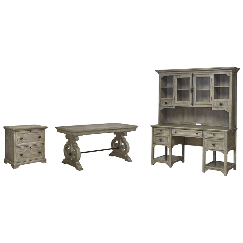 Writing Desk With Lateral File Credenza And Hutch, 3 Pieces: Desk, Filing Cabinet, Credenza