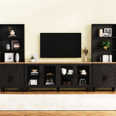 Solid Wood Legged Tv Stand, Entertainment Center For 70" Screens, Black With Tempered Glass Doors, Adjustable Shelves & Cabinet Style Console Legs, Space Feature