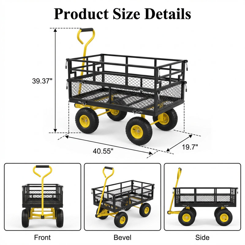Chariot utilitaire de jardin tout-terrain robuste avec fonction de déversement et pneus gonflables