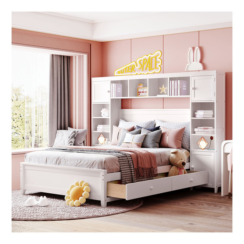 Lit double en bois avec armoire et tablette tout-en-un, blanc, Blanc