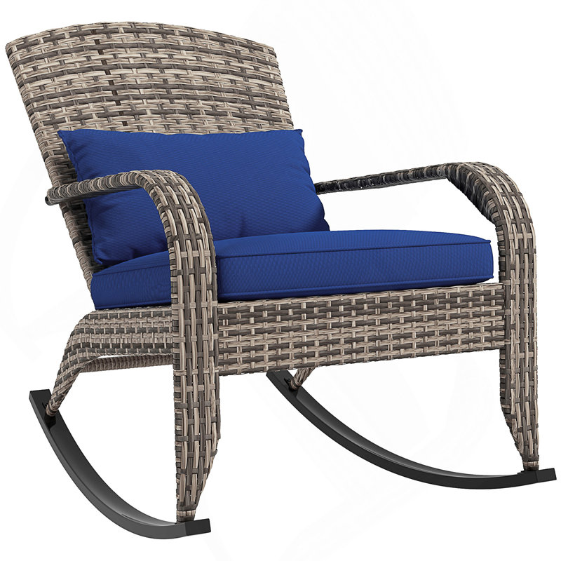 Outdoor Wicker Adirondack Rocking Chair With Cushioned Seat And Weather-Resistant Design, Blue, Oak
