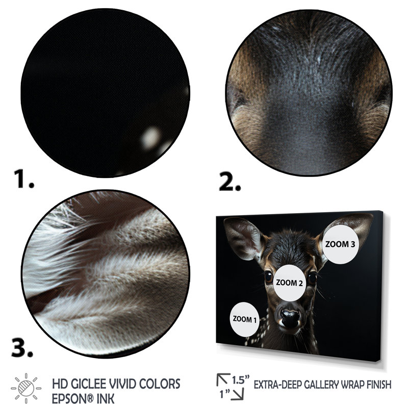 Portrait de cerf noir et blanc - décoration murale cerf, H 34 po x l 44 po x P 1,5 po, Cadre flottant brun