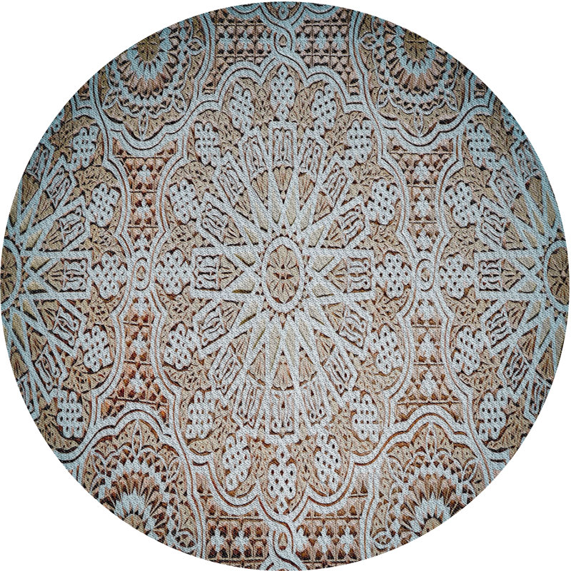 Tapis vert olive/gris à motifs, Rond 5 pi
