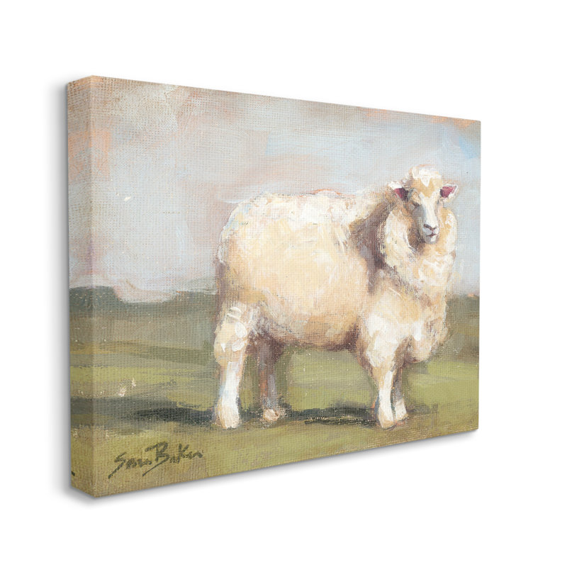 «Fuzzy Sheep Country Landscape» par Sara Baker - peinture sur toile tendue, H 16 po x l 20 po x P 1,5 po