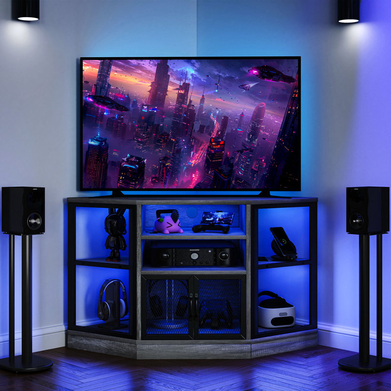Kaitee 47W Corner TV Stand with LED Lights Media Storage for TVs up to 55" , Dark Gray