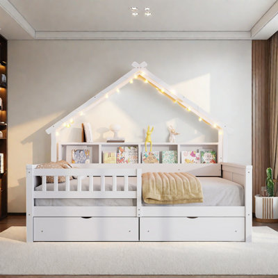 House Platform Bed With Led, Storage Shelves, Drawers And Guardrail by August Grove