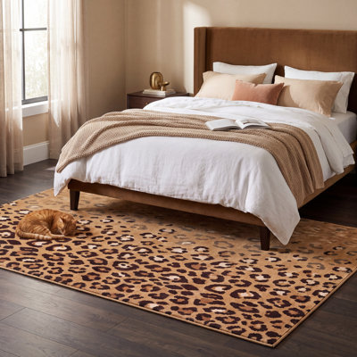 Tapis lavable Atacamite à motifs animaliers dorés, crème, ivoire et noirs, antidérapant, à poils courts, pour intérieur et extérieur, adapté aux animaux domestiques, salon, chambre, salle à manger, entrée, couloir, bureau.