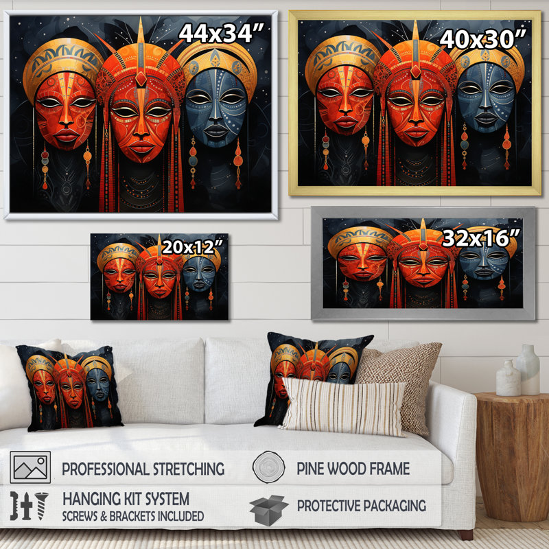 «Cieron Red African Masks II», reproduction sur toile, H 30 po x l 40 po x P 1,5 po, Cadre doré simple