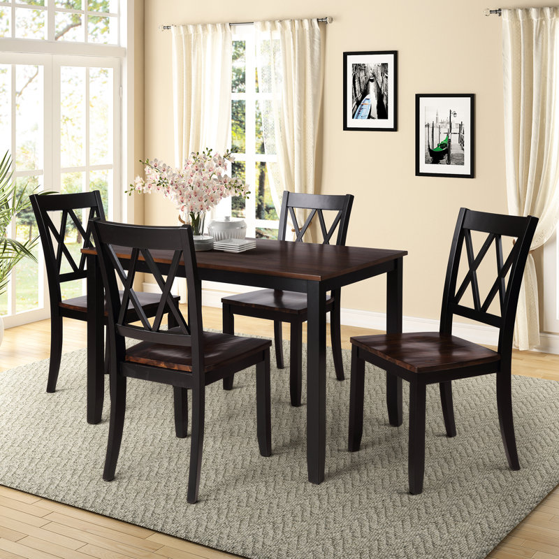 Rectangular 5 - Piece Dining With Comfortable X Back Chairs, Solid Wood, Table Top, Waterproof , And Black, Great For Family Meals 4 Wood Legs, Veneer Table, Slipping Perfect Gatherings