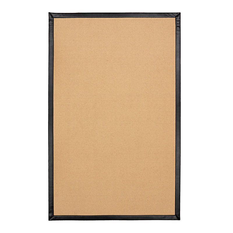 Nannette Handmade Medium Beige Berber with Black Faux Leather Border Made in the USA Area Rug, Rectangle 9'10" x 13'