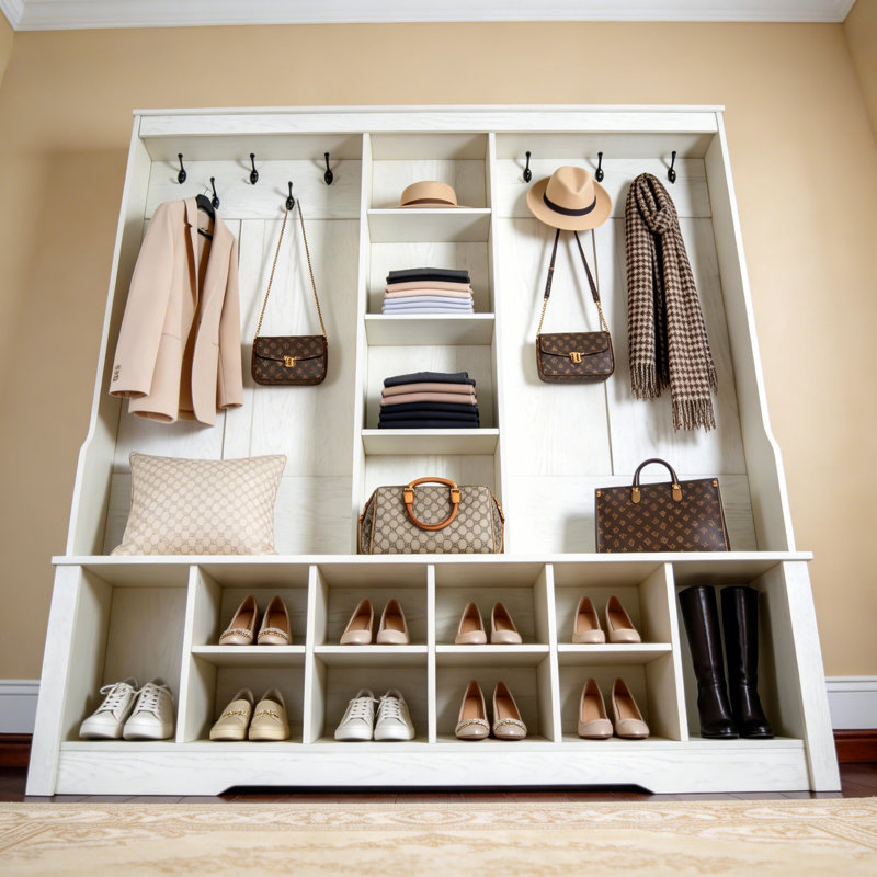 Porte-manteau d'entrée avec banc de rangement 151 cm, casiers à chaussures, patères et étagères ouvertes, blanc cassé