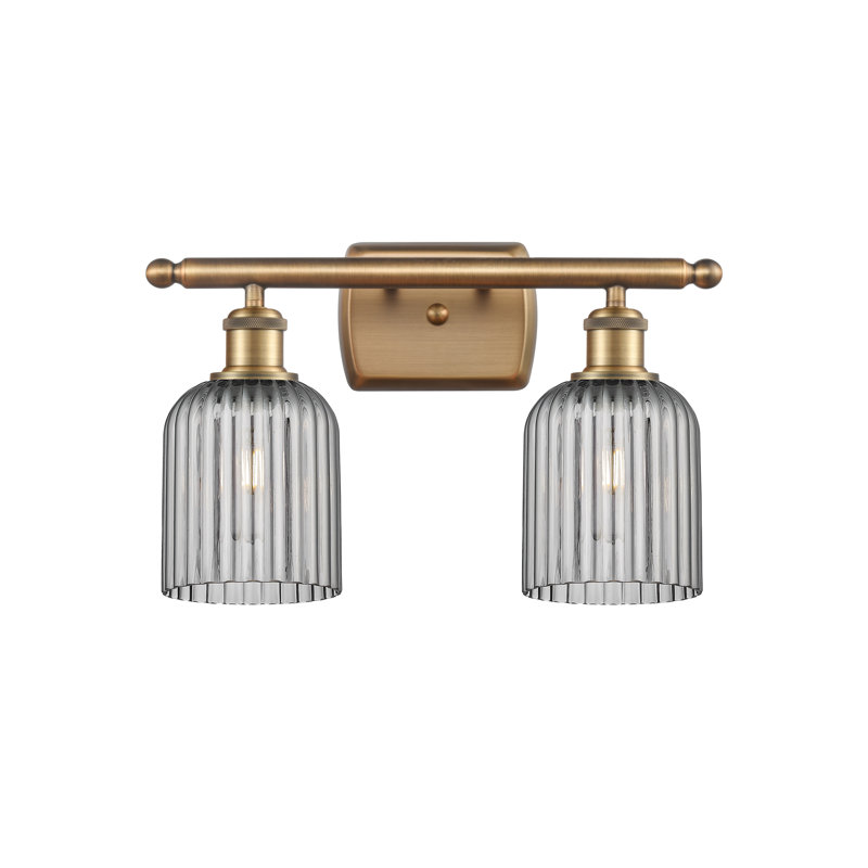 Brysin 15" W 2-Light Dimmable Metal Vanity Light with Glass Shades, Brushed Brass, Light Smoke