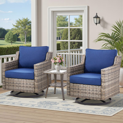 Swivel Outdoor Chairs Set Of 2, With Glass-Top Side Table, 3 Pieces Gray Wicker Furniture Set Ideal For Porch, Poolside, Deck, And Yard In Blue, Chair