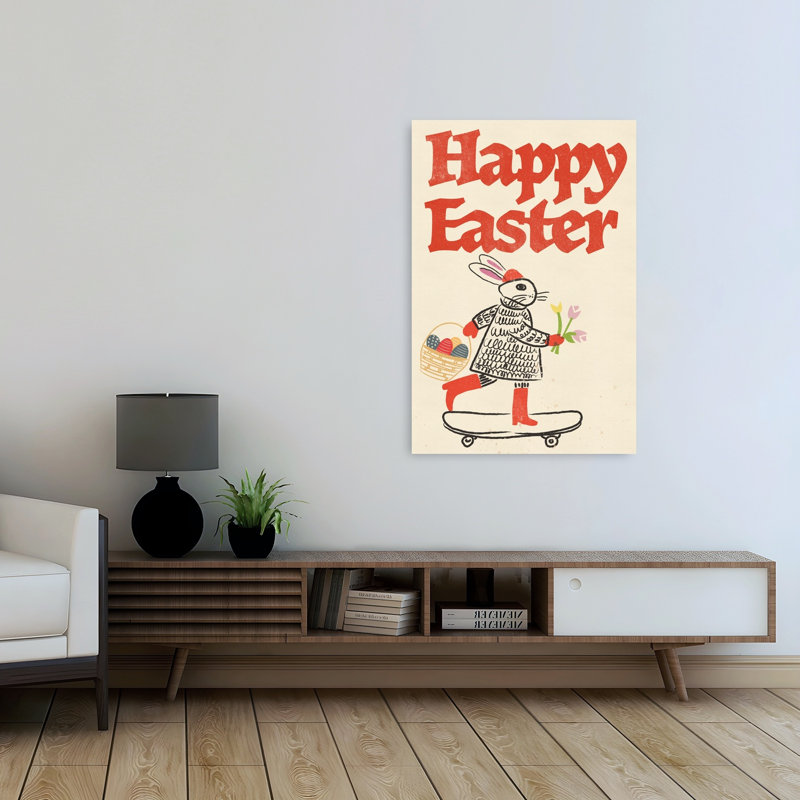 Joyeuses Pâques, patin de lapin, impression de forêt fantaisiste, lapin et tulipe, 48" H x 32" W