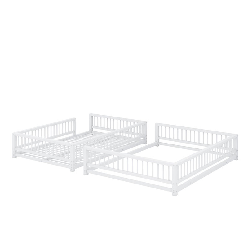 Floor Bunk Bed Frame With Ladder And Safety Guardrails, White