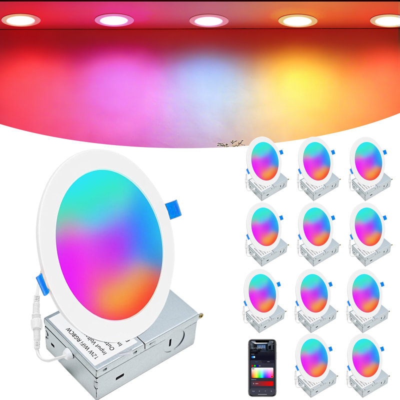 12 paquets d'éclairage encastré intelligent de 6 pouces Rgbcw changeant de couleur 13w 100-130v, éclairage à DEL avec boîte de jonction, plafonnier encastré de 1320 lumens, à intensité variable par contrôle Bluetooth
