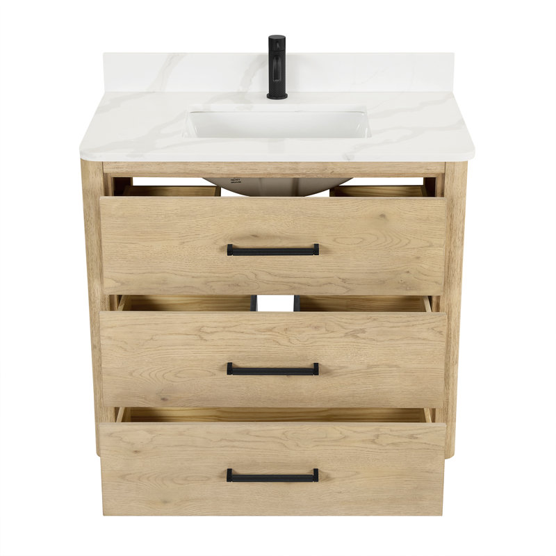 Porto 36'' Free Standing Single Bathroom Vanity with Quartz Top, Natural Oak, Matte Black