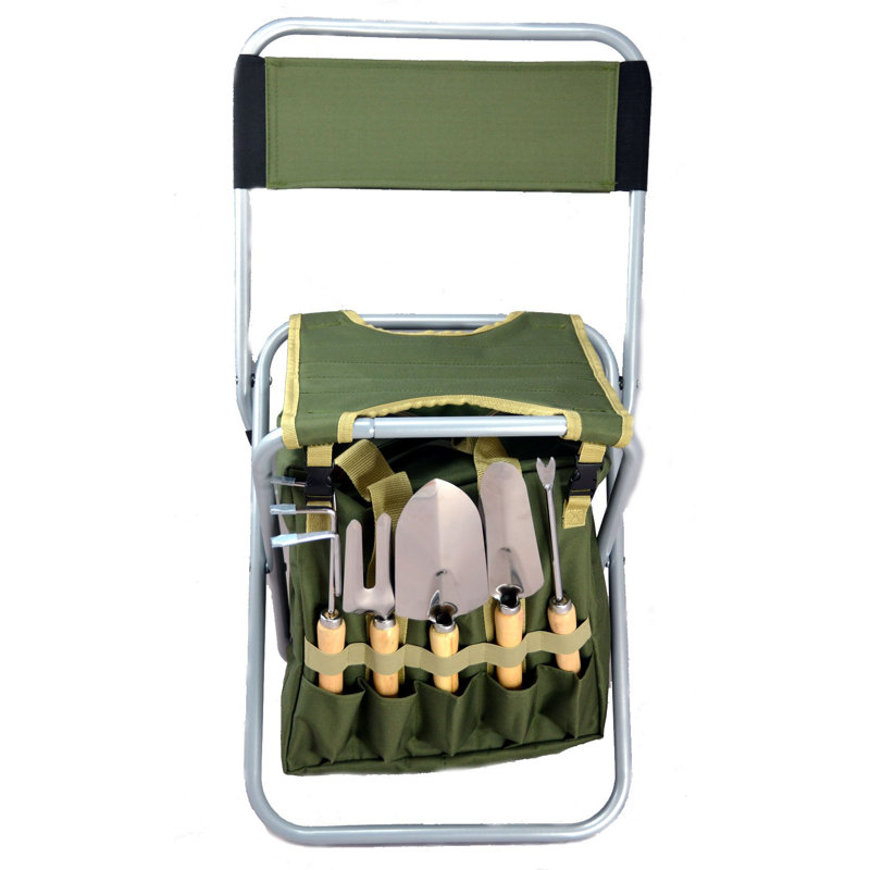 10-Piece Gardening Tool Set With Zippered Detachable Tote And Folding Stool Seat With Backrest