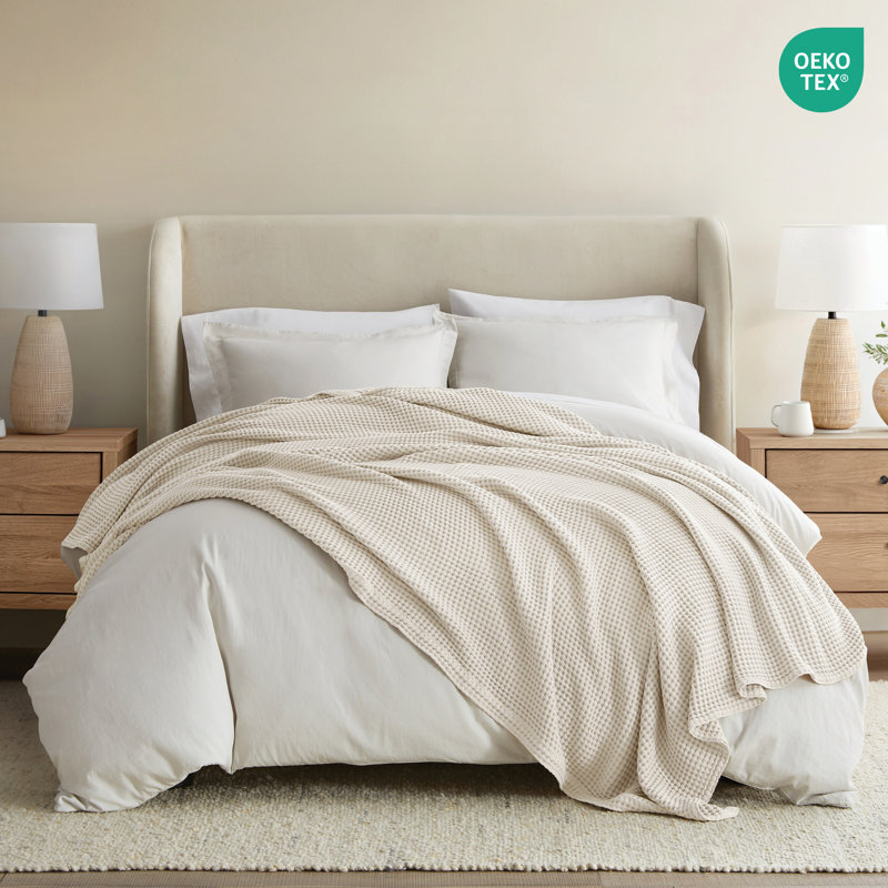 Couverture de lit 100% coton Waffle Weave, Naturel, Grand lit