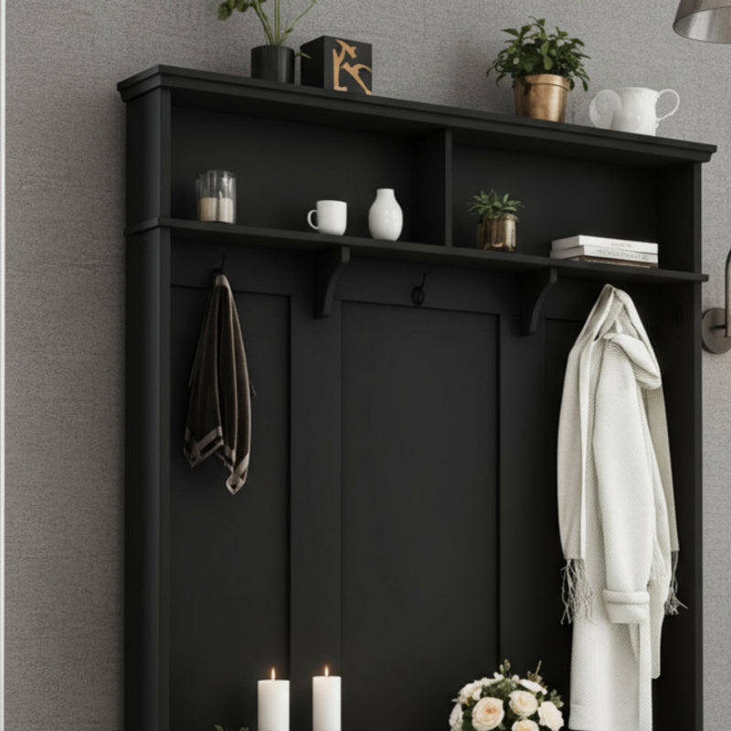 A Modern Black Hall Tree With Integrated Storage And 2 Large Drawers And An Extra-wide Mudroom Bench With 5 Coat Hooks Combines Practicality With Style.