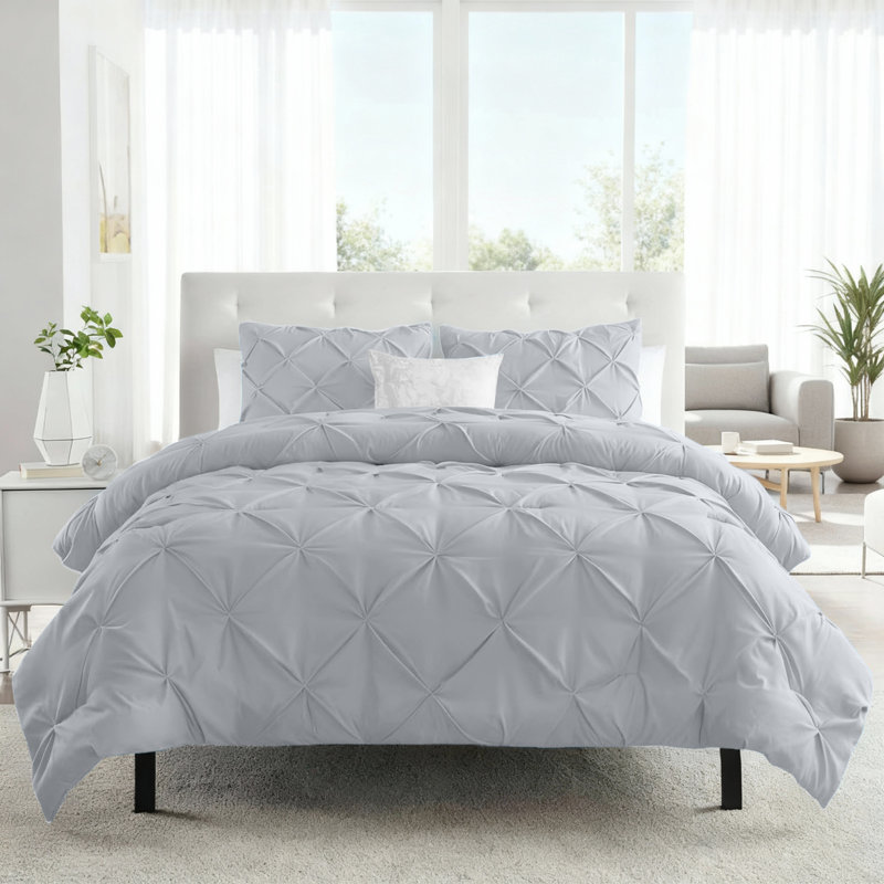 Aspire Homeware High Quality Microfiber Pintuck Design Duvet Cover With Pillowcases, Silver