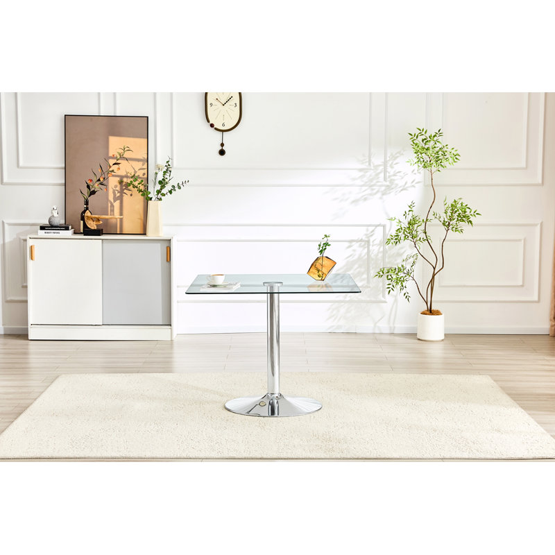 Table de salle à manger moderne en verre minimaliste carrée avec base en métal à colonne unique, Transparent / argent