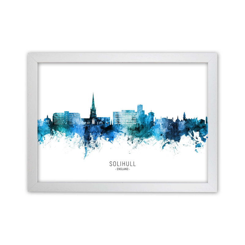 Solihull England Skyline Blue City Name by Michael Tompsett - Print, White Framed, 46cm H x 63cm W x 3cm D