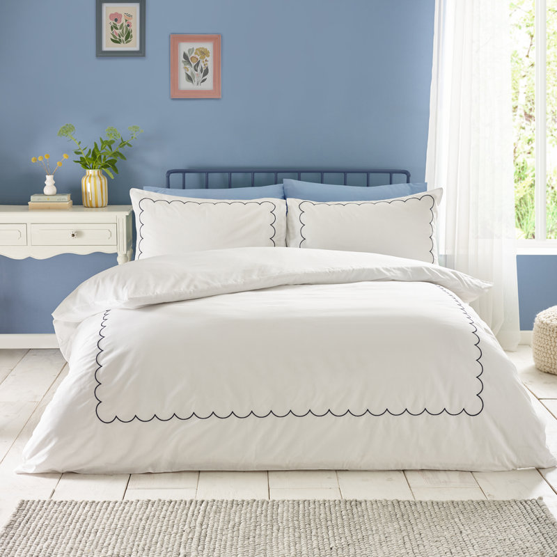 Scallop Border Embroidery Duvet Cover Set, Navy, Kingsize Duvet Cover + 2 Standard Pillowcases