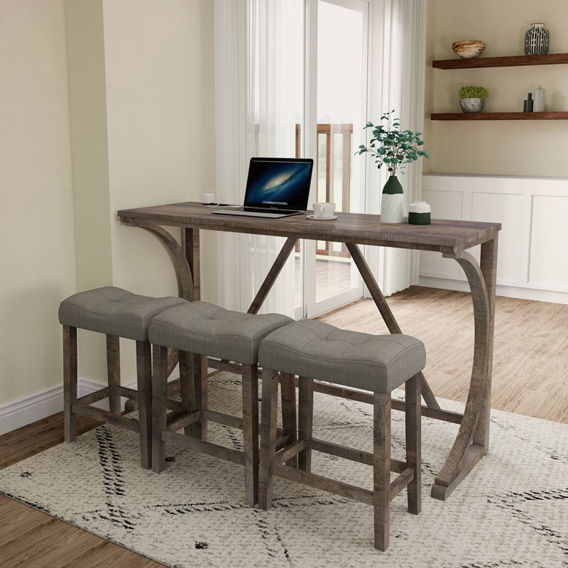 Bar Table Set With Power Outlet, Bar Table And Chairs Set, 4 Piece Dining Table Set, Industrial Breakfast Table Set, For Living Room, Dining Room, Game Room