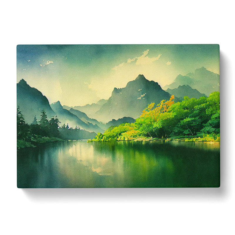 Watercolour River Mountains - Wrapped Canvas, 40cm H x 60cm W x 3cm D