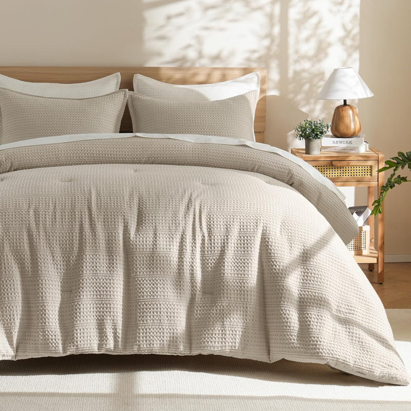 PHF Soft Waffle Comforter Set, Comfy Breathable Lightweight Textured Waffle Weave Comforter Bedding Set, Natural