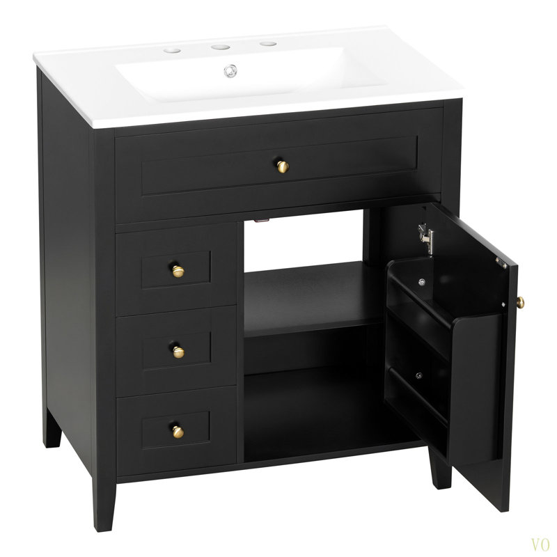 Meuble-lavabo de 30 po avec lavabo, panneau de fibres à densité moyenne moderne et bois d'hévéa avec 3 tiroirs et tablette réglable, meuble-lavabo autoportant pour le rangement et l'organisation de la salle de bain