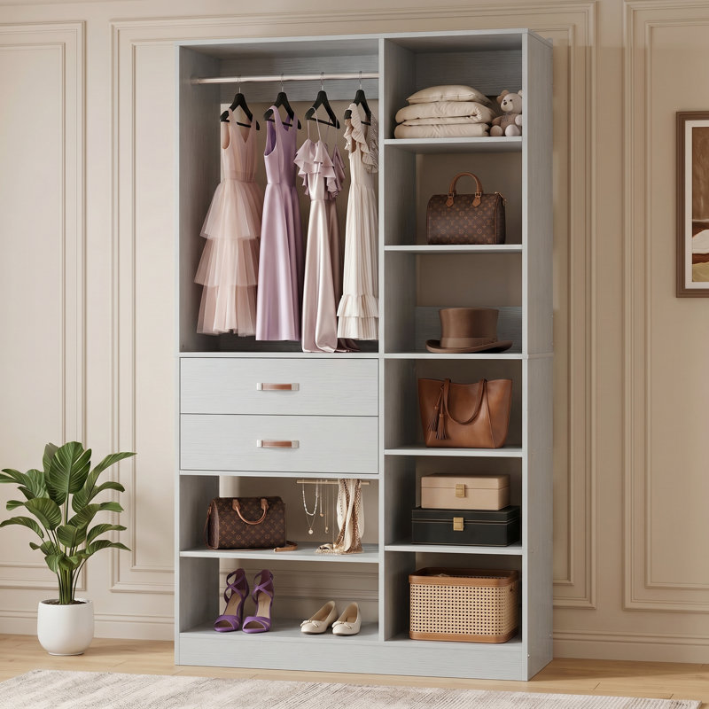 39.4'' W Closet System with Wooden Drawers and Hanging Rods, Gray