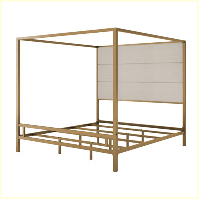 Modern Canopy Bed with Tall Upholstered Headboard Metal 4-Poster Bed Frame