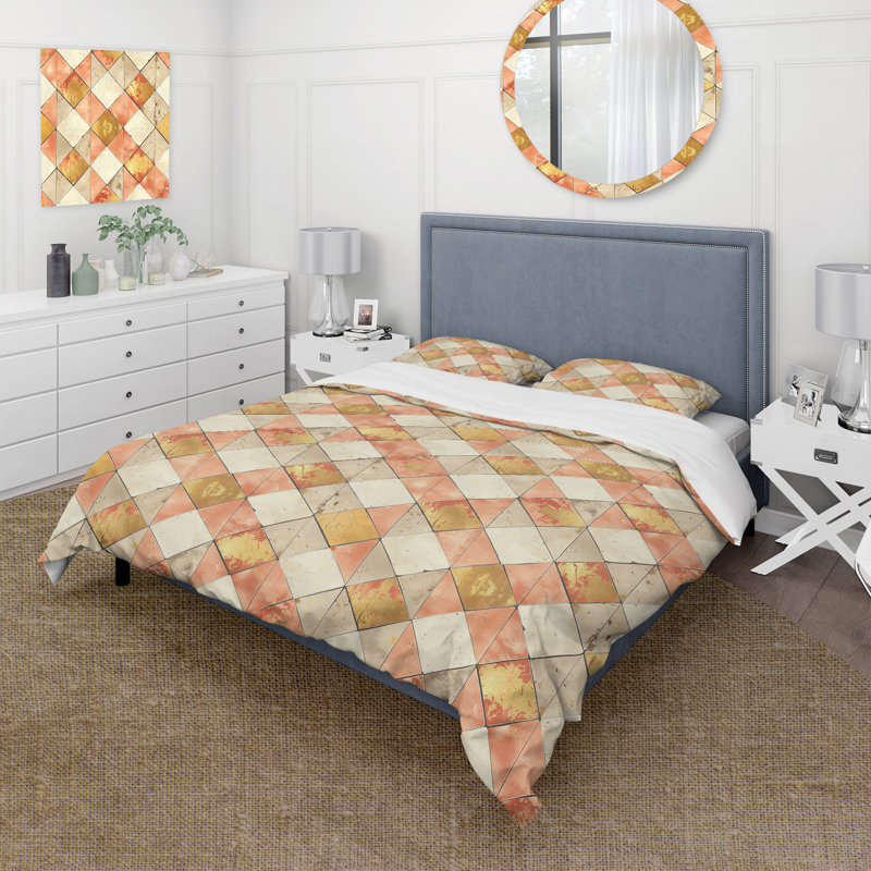 Ensemble de housse de couette rustique saumon et doré I - Farmhouse, Housse de couette très grand + 2 taies décorativ