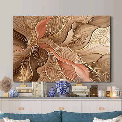 Toile murale abstraite florale aux volutes dorées et terreuses, 61 x 91 cm (24 x 36 pouces), montée sur châssis, décoration florale or et marron pour salon, salle à manger et bureau à domicile