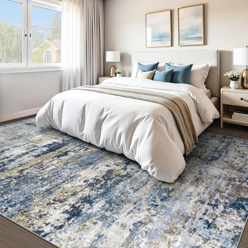Modern Abstract Neutral Washable Non-Slip Low-Pile Area Rug in Blue Grey Brown, 8' x 10'