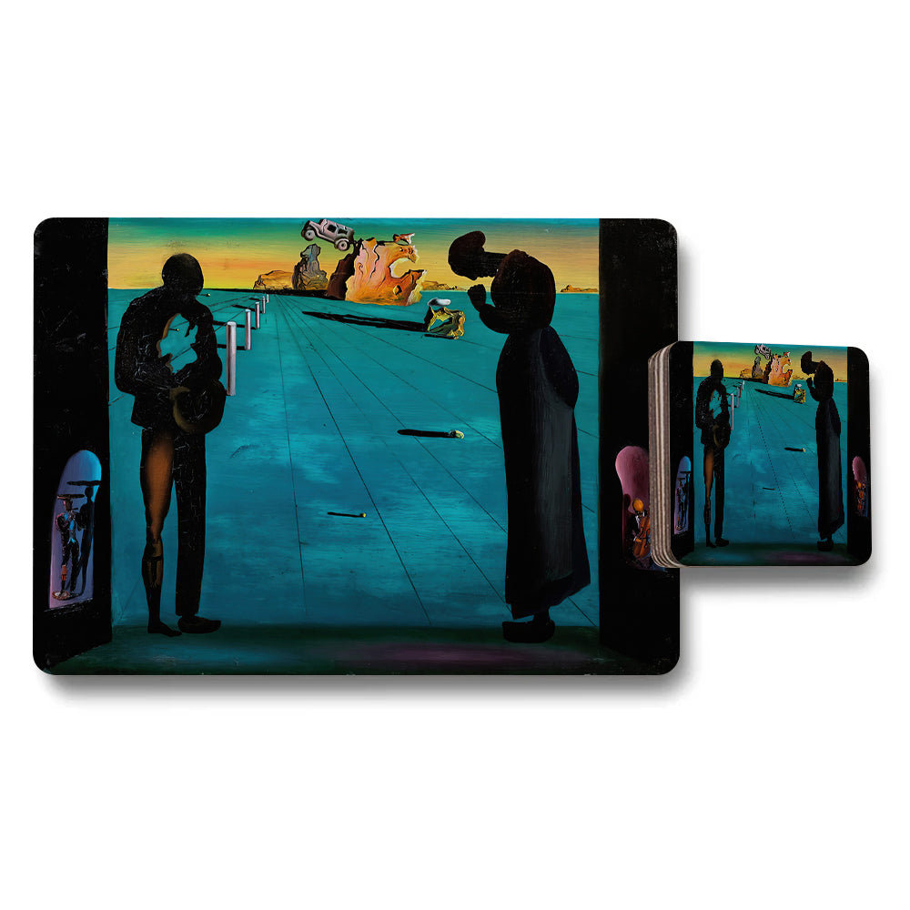 Surreal Art Placemat and Coaster Set with Abstract Landscape Design