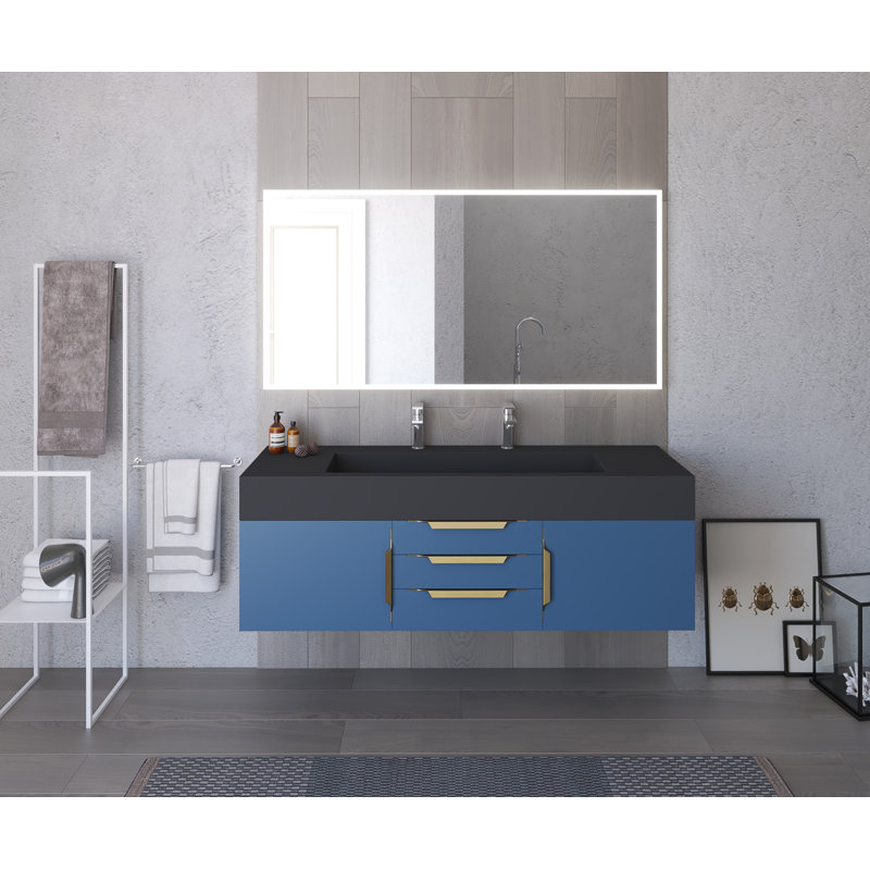 Ensemble de meuble-lavabo simple mural 60 "avec miroir Nile, Bleu, Noir, Or