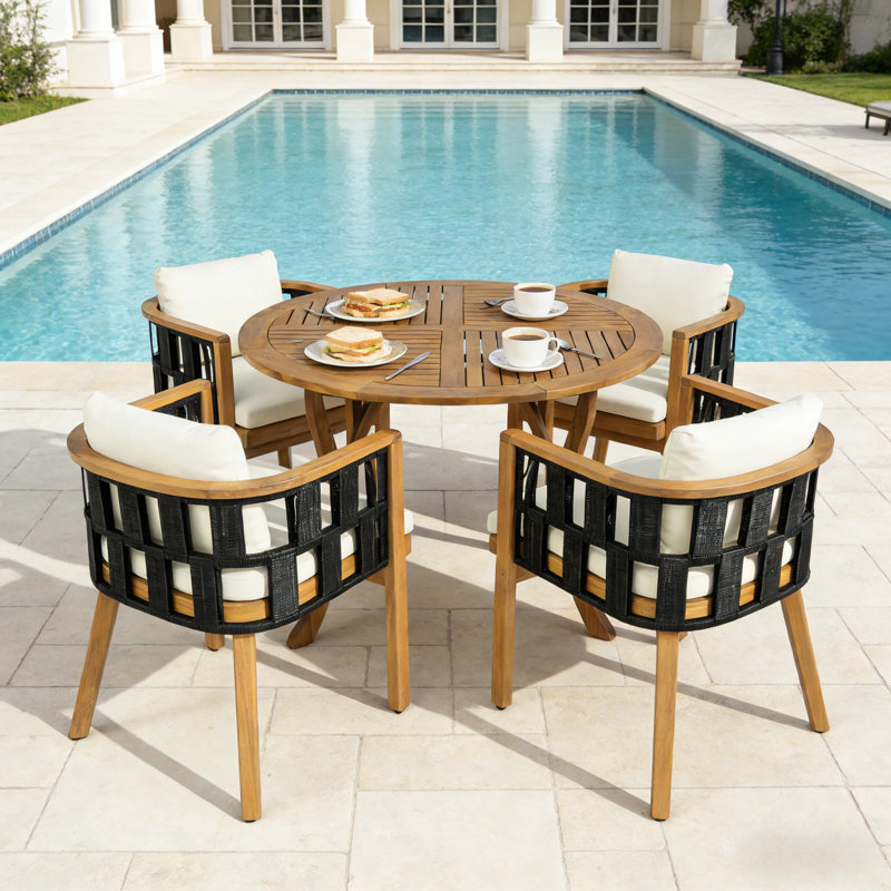 Patio 5-Piece Acacia Wood Round Dining Set With Flat Rope & Cushions