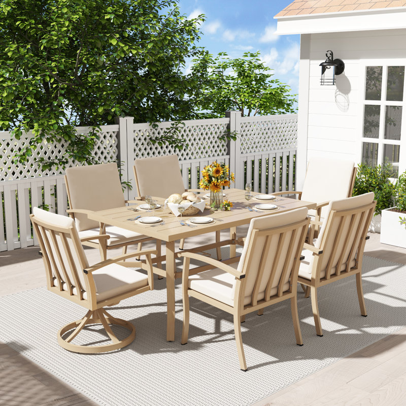 Houghton Colby Aluminum Patio Dining Set With 2 Swivel Dining Chairs, Dining Chairs And Washable Cushions, Beige, 6