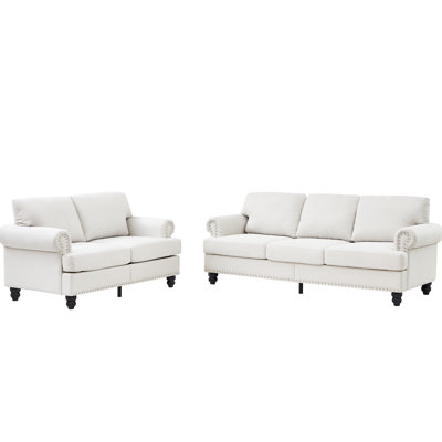 2+3 Seater Fabric Couch With Classic American Style, Upholstery In Beige, Comfortable Spring - Pocket Seats, Solid Wood Legs, And Silver Nails Decoration Modern Design For Living Room, Structure,