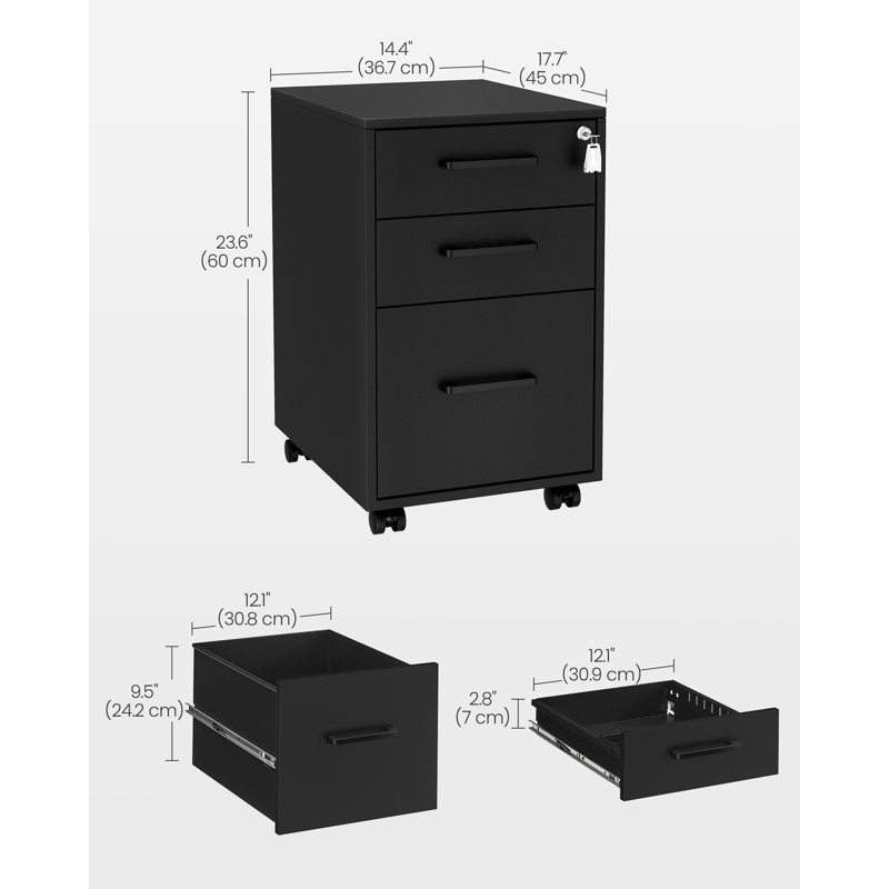 Matte Black Mobile 3-Drawer Lockable File Cabinet