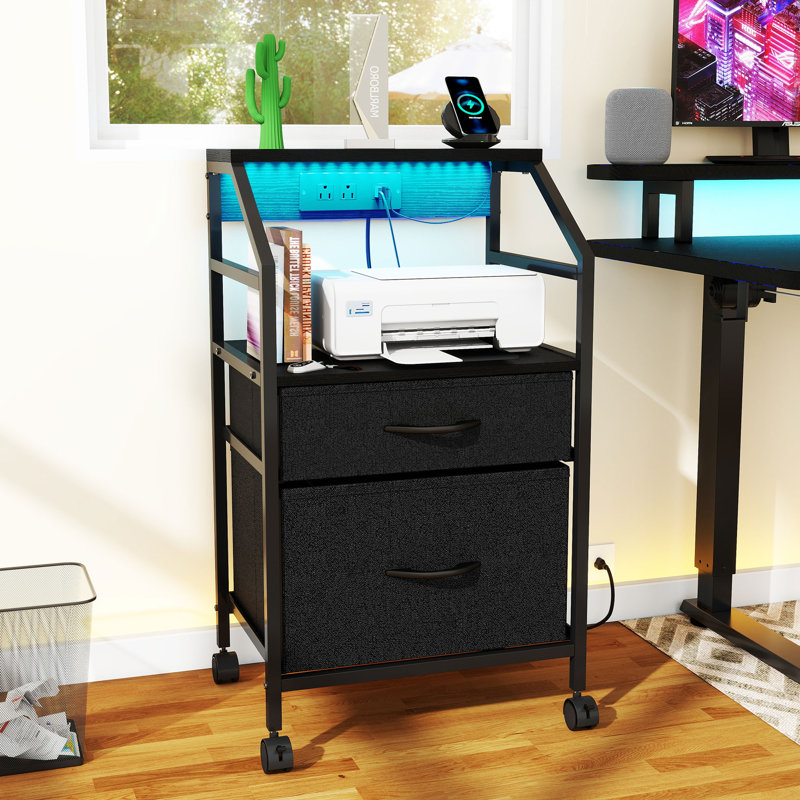 Kyila 2 Drawer File Cabinet With Power Outlet And USB Charging Port, Printer Stand With Open Storage Shelf With Lighting