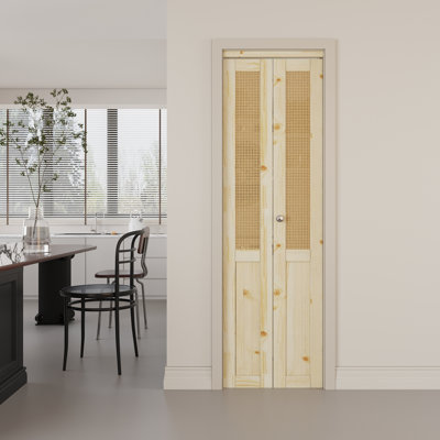 Panelled Unfinished Wood  And Imitation Rattan Hand-Woven Bi-Fold Door With Hardware Kit