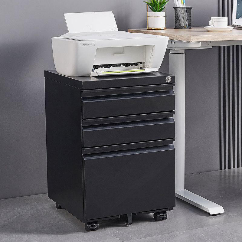 Classeur de bureau, classeur mobile à 3 tiroirs avec serrure, Noir