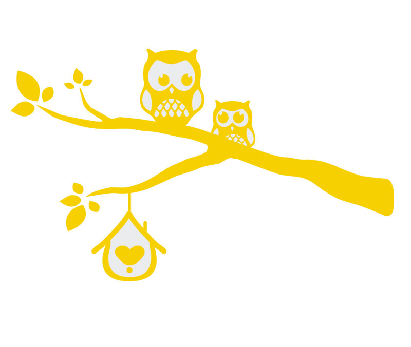 Décalcomanie murale owls sur une branche, H 39 po x l 65 po x P 0,01 po, Jaune clair